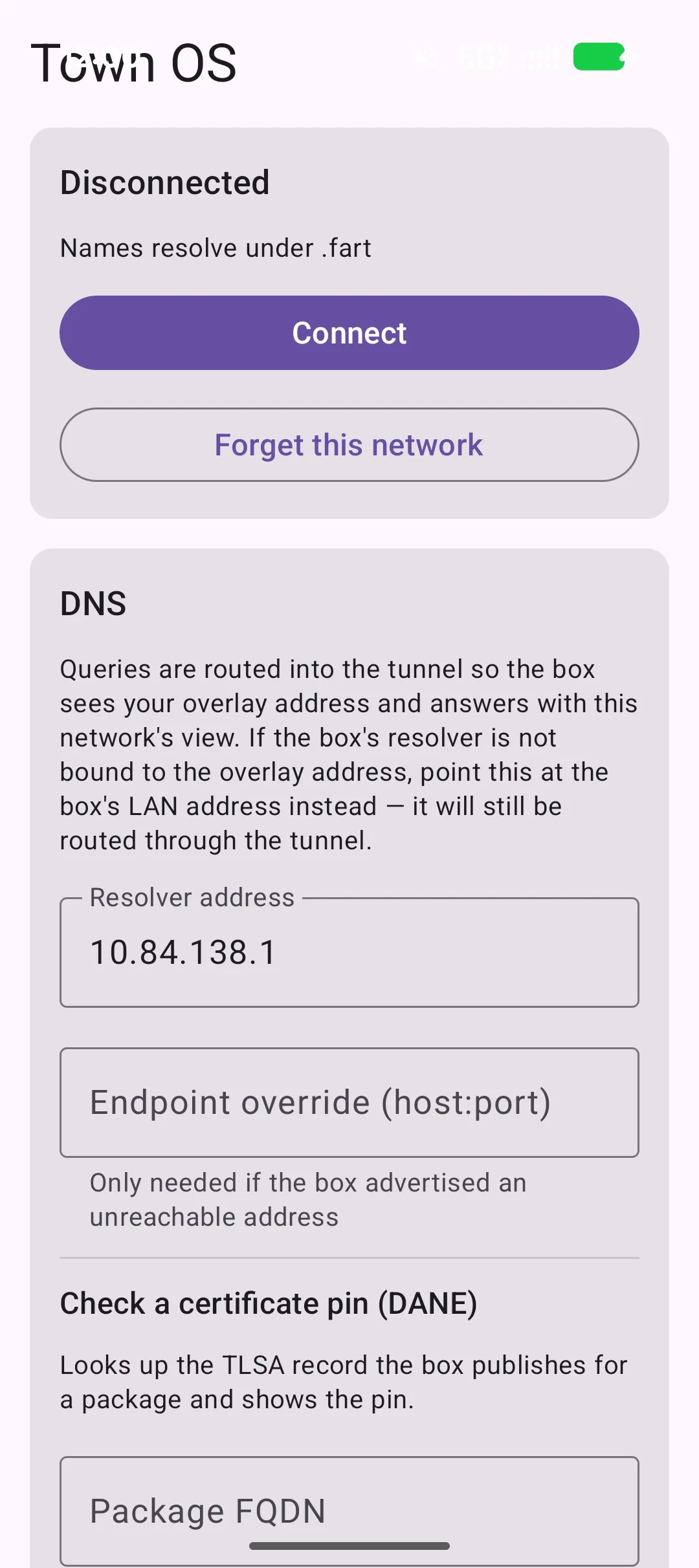 Town OS Android client connection screen — Disconnected status with Connect and Forget this network buttons, above a DNS resolver settings card
