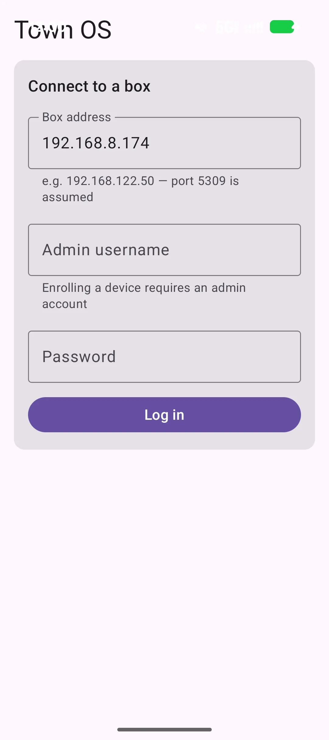 Town OS Android client login screen — a Connect to a box card with box address, admin username, and password fields
