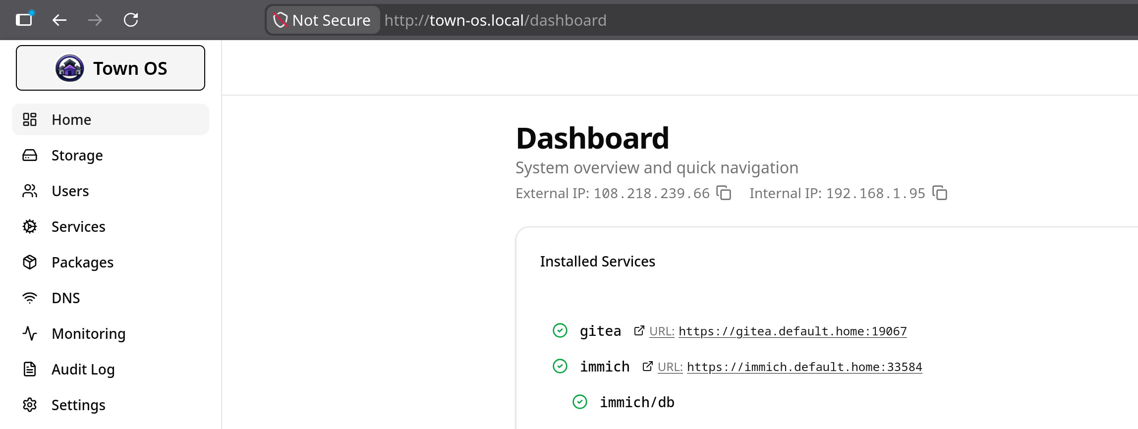Town OS dashboard showing External IP and Internal IP with copy buttons