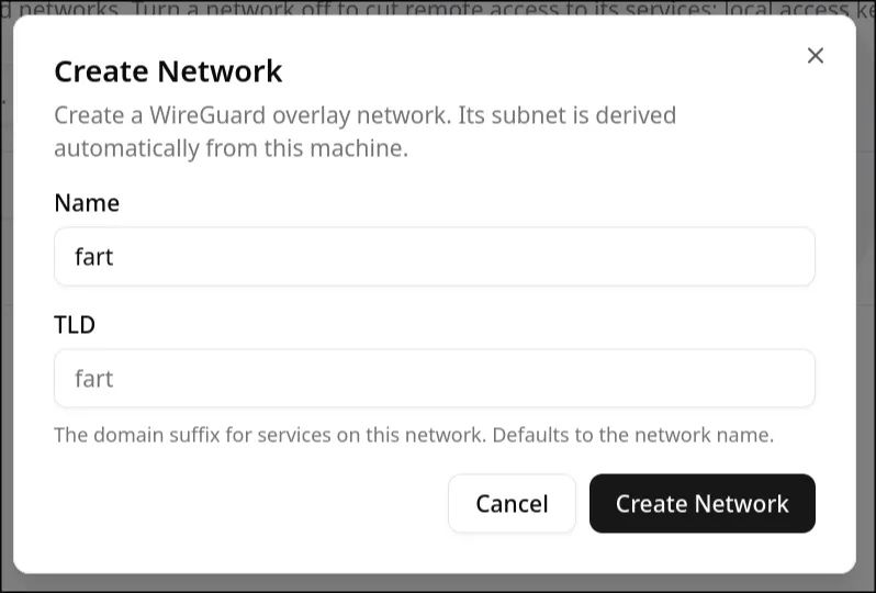 The Create Network dialog with Name and TLD fields, noting the TLD defaults to the network name