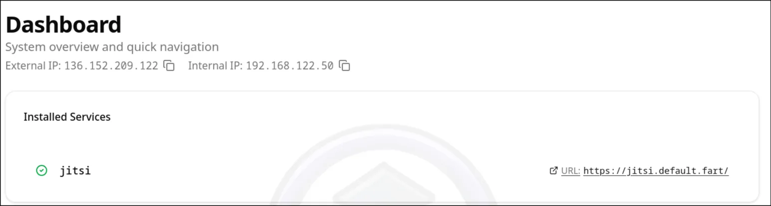 The Dashboard's Installed Services list showing jitsi with a link to https://jitsi.default.fart/