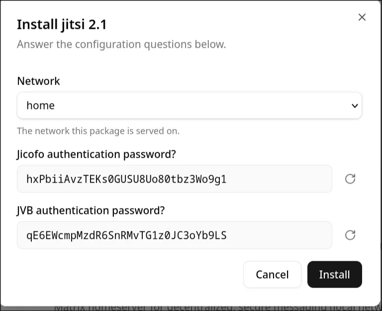 The Install jitsi dialog with a Network selector at the top labeled 'The network this package is served on', above the package's configuration questions