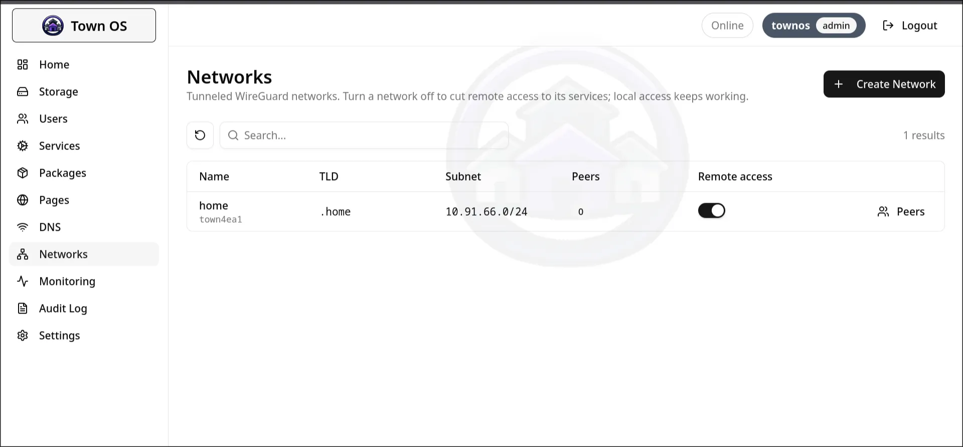 The Networks page listing the built-in home network with its TLD, subnet, peer count, and a Remote access toggle, plus a Create Network button